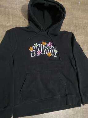 Stussy Collegiate Floral Applique Logo Hoodie Black